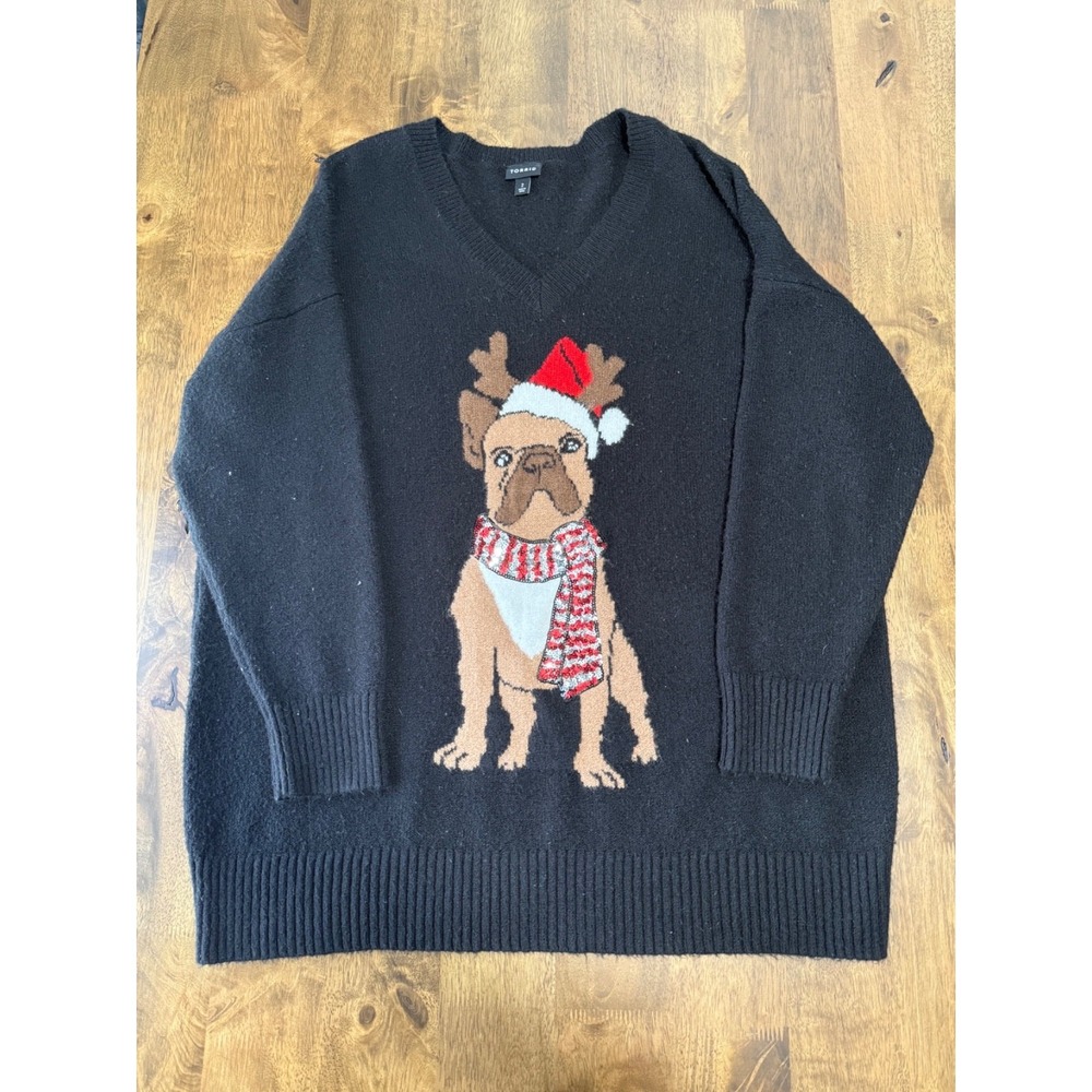 EUC Womens Torrid Frenchie Pullover Slouchy Christmas Sweater Black size 2